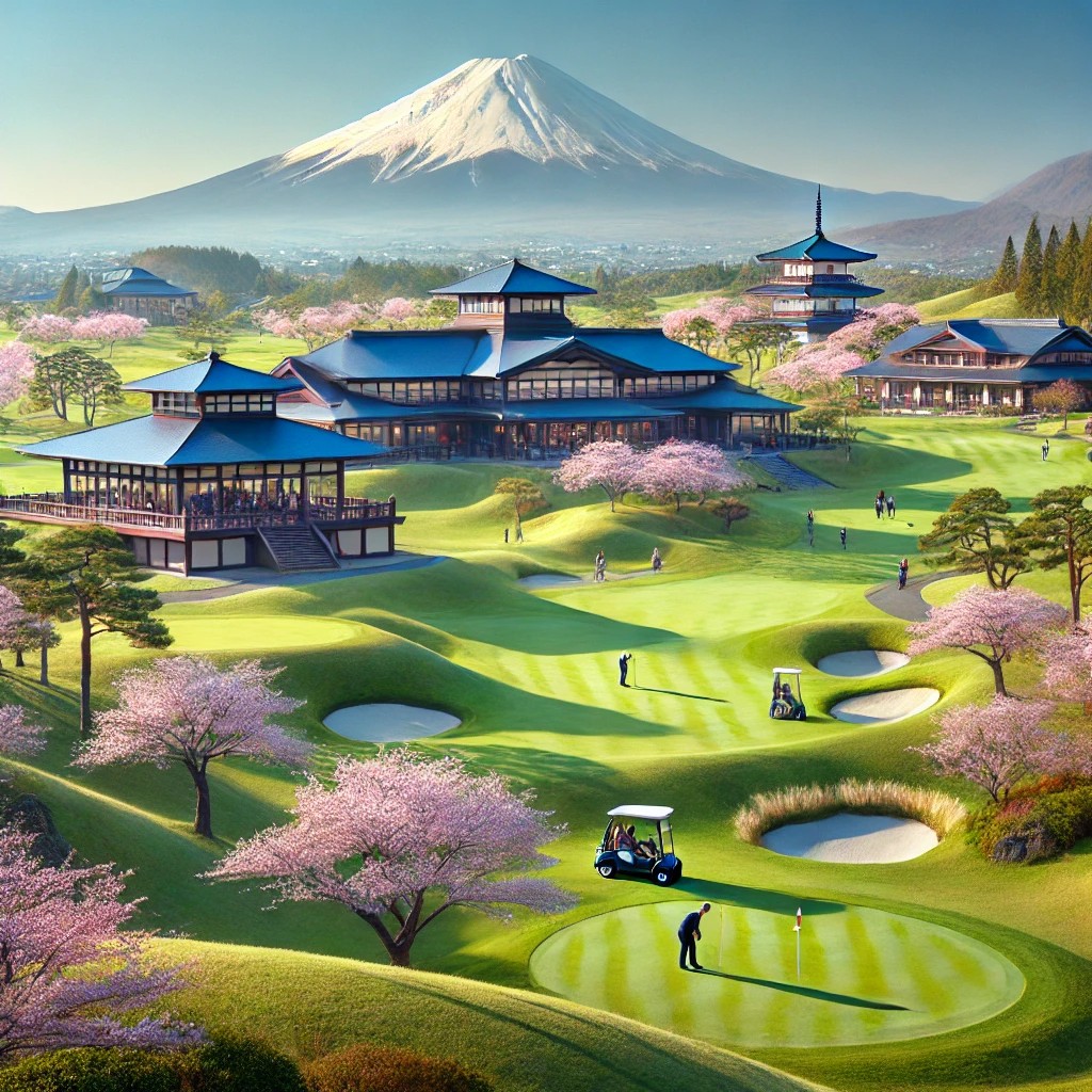 DALL·E 2024-09-24 17.12.18 - A scenic golf tourism scene set in Japan. The golf course is surrounded by well-manicured green lawns with cherry blossom trees in bloom, typical of J.jpg